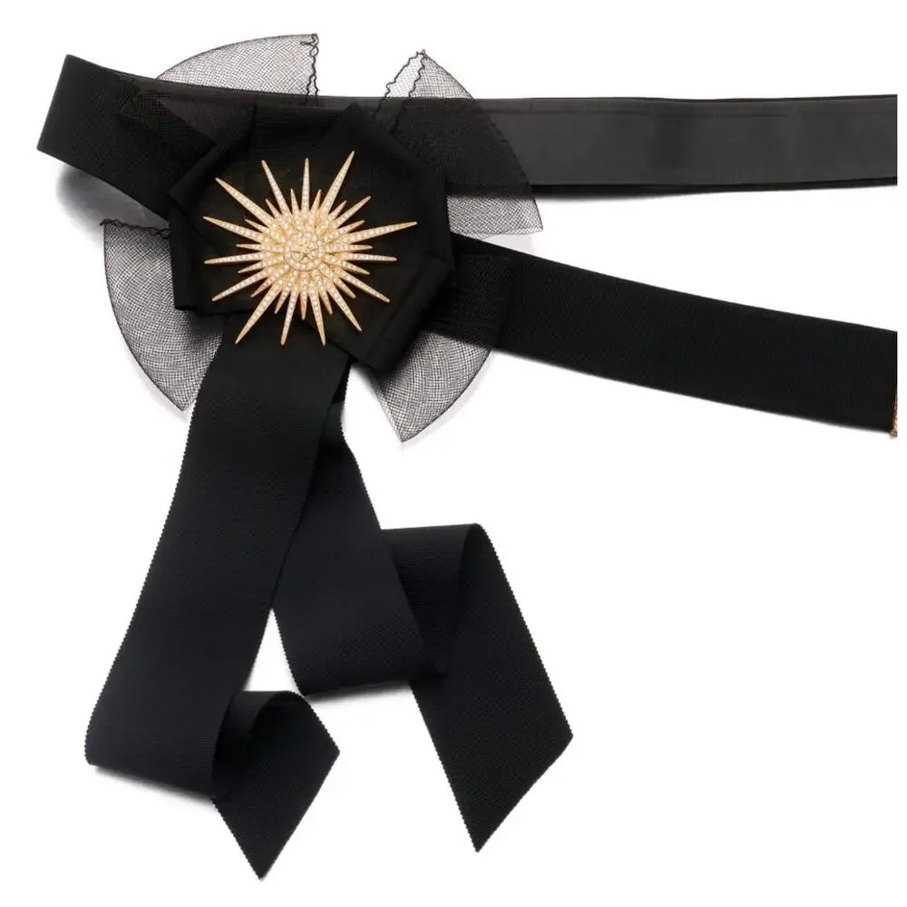 Chanel Black Leather and Grosgrain Belt - Detachable Brooch - Sz34